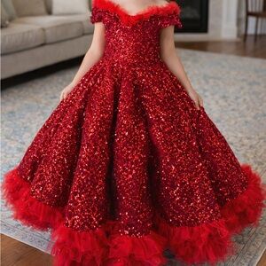 Red Sequin Gown with Ruffle Details kids